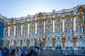 The ornate gold, blue and white exterior of Catherine`s Palace in Pushkin, St Petersburg, Russia