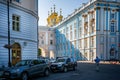 The ornate gold, blue and white exterior of Catherine`s Palace in Pushkin, St Petersburg, Russia on