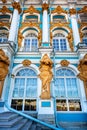 The ornate gold, blue and white exterior of Catherine`s Palace in Pushkin, St Petersburg, Russia