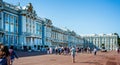 The ornate gold, blue and white exterior of Catherine`s Palace in Pushkin, St Petersburg, Russia