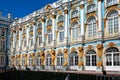 The ornate gold, blue and white exterior of Catherine`s Palace in Pushkin, St Petersburg, Russia