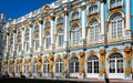 The ornate gold, blue and white exterior of Catherine`s Palace in Pushkin, St Petersburg, Russia