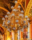 Ornate gold chandelier in the Parliament Building of Budapest, Hungary