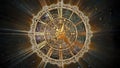 Ornate gold clock and faces with light effects on space background. Infinity of time concept. 3D illustration Royalty Free Stock Photo