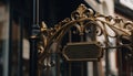 Ornate gold colored metal crown hangs on old fashioned wooden door generated by AI