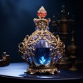 Ornate gold and crystal jeweled perfume bottle rests on a table, generative ai