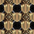 Ornate gold 3d floral greek vector seamless pattern. Ornamental geometric abstract background. Striped textured tulips flowers. Royalty Free Stock Photo