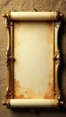 Ornate gold frame, empty aged scroll, burlap background , texture, template