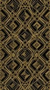 Ornate Gold Geometric Deco Pattern on Black Background Featuring Sharp Lines Diamonds and Intersecting Shapes Creating a and Royalty Free Stock Photo