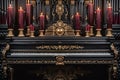 Ornate gold grand piano with burning candles in the baroque interior. Luxury dark illustration in vintage style