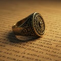 An ornate, gold ring featuring intricate celestial engravings and symbols rests on a Royalty Free Stock Photo