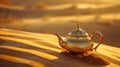 An ornate gold teapot rests gracefully on desert sands, Ai Generated Royalty Free Stock Photo