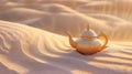 An ornate gold teapot rests gracefully on desert sands, Ai Generated Royalty Free Stock Photo