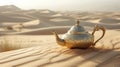 An ornate gold teapot rests gracefully on desert sands, Ai Generated Royalty Free Stock Photo