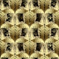 Ornate gold tropic leaves 3d vector seamless pattern. Lace ornamental glowing background. Repeat greek style leafy backdrop. Royalty Free Stock Photo