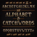 Ornate golden alphabet font with diamonds. Ornate jeweler letters and numbers with catchwords. Royalty Free Stock Photo