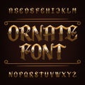 Ornate golden alphabet font. Vintage letters and numbers with diamonds. Royalty Free Stock Photo