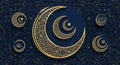 Ornate Golden Crescent Moons and Stars on Dark Blue Islamic Geometric Pattern Background Royalty Free Stock Photo