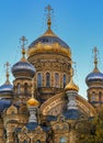 Ornate golden domes and crosses of the Russian Orthodox Church of the Assumption of Mary in Saint Petersburg Russia