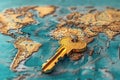 Ornate golden key lying on a detailed world map with a blue background