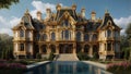 Ornate golden mansion with a reflecting pool Royalty Free Stock Photo
