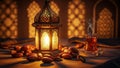 Ornate Golden Ramadan Lantern Illuminated with Warm Light Surrounded by Dates and a Cup of Tea on a Table Keywords: Ramadan, Royalty Free Stock Photo
