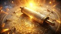 An ornate golden scroll rests upon a celestial planisphere, illuminated by a radiant golden light. Generative AI Royalty Free Stock Photo