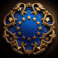 Ornate golden stars surrounded by intricate scrollwork on a deep blue background