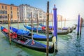 Ornate Gondolas in Grand Canal pier at sunrise, Venice, Italy Royalty Free Stock Photo