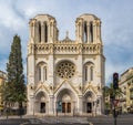 Gothic facade of the Notre-Dame basilica, largest church in Nice, built in 1864 in the South of France, French Riviera Royalty Free Stock Photo