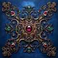 Ornate gothic square pattern with ruby and emerald gems and golden filigree swirls on a deep blue background Royalty Free Stock Photo