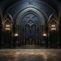 an ornate gothic style room with dark blue walls