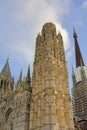 Tower of the roman catholic cathedral of Rouen on dark sky, France