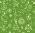 Ornate green background with golden lacy hanging baubles for winter holiday Royalty Free Stock Photo