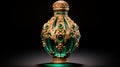 Exquisite Handcrafted Emerald Inlaid Bottle With Golden Metal Carving Royalty Free Stock Photo