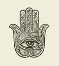 Ornate Hamsa Hand of Fatima. Drawn ethnic amulet in decorative style. Vector illustration
