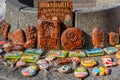 Ornate hand-made pryaniki, Russian honey spice cookies on display for sale out in the street in Saint Petersburg, Russia