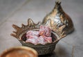 Silver bowl with loukum Turkish delight candy at a restaurant, I