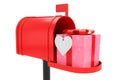 Ornate with Hearts Paper Gift Box with Red Ribbon in Red Mailbox