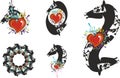 Ornate horse head symbols with red heart elements on a white background Royalty Free Stock Photo