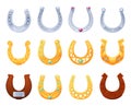 Ornate horseshoes set vector flat illustration golden, silver and wooden symbol of lucky fortune