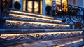 Ornate, illuminated staircase with wrought iron handrails.