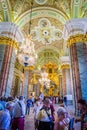 The ornate interior and chandeliers inside the Peter and Paul cathedral in the Peter and Paul Fortress, St Petersburg, Russia