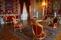 Ornate interiors of the Ajuda Palace, the Red Waiting Room, Lisbon, Portugal