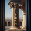 An ornate Ionic column with modern icons carved into its surface stands in a Royalty Free Stock Photo