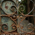 Ornate iron gate with intricate scrollwork, featuring rust and peeling paint, creating a Royalty Free Stock Photo