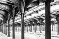Ornate iron supports and detailed rivet designs adorn an abandoned train terminal station I