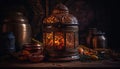 Ornate lantern illuminates rustic table for Ramadan celebration generated by AI Royalty Free Stock Photo