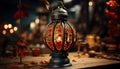 An ornate lantern illuminates a rustic winter celebration indoors generated by AI