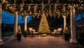 Ornate and lighted Christmas tree in the garden. Engraved Christmas tree and pergola on the terrace of